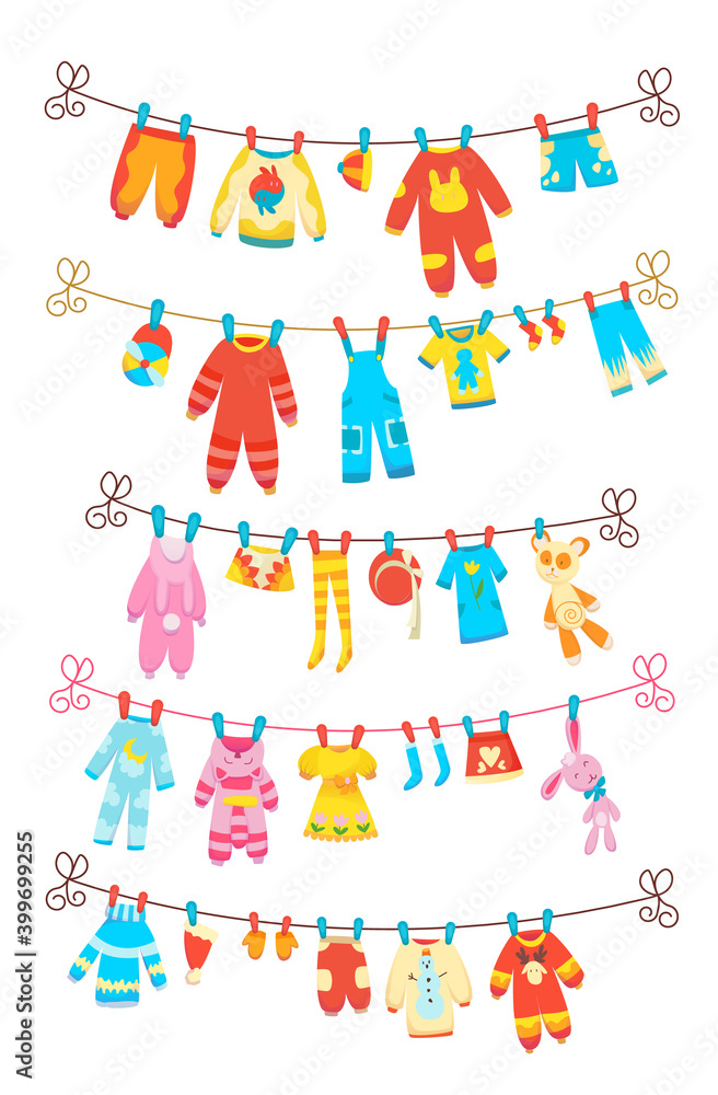 Obraz premium Various items of baby clothes on rope isolated illustration on white background. Laundry held by plastic pegs drying.