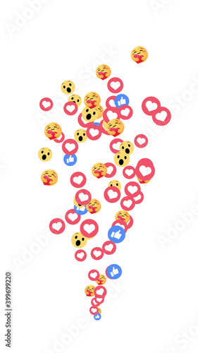 A steady upward stream of like. love, care and wow reacts and emojis. Social media concept reacting to a positive viral post. Graphic effect. White background. photo