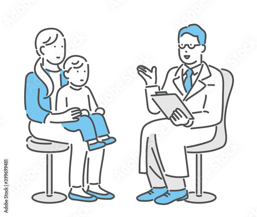親子・子ども連れの保護者に説明をする医者のイラスト素材