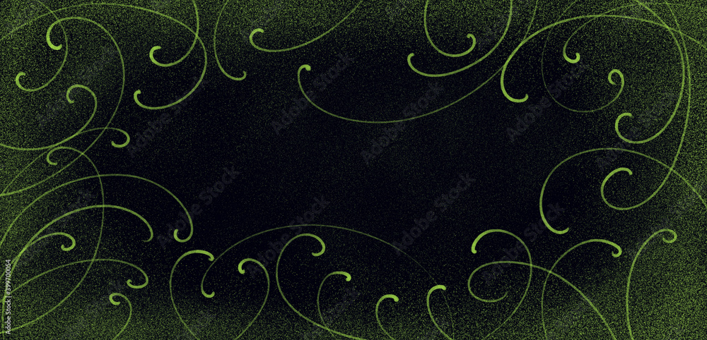 black abstract festive backdrop with green ornate frame and grainy edges