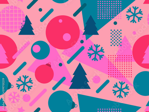 Christmas seamless pattern with Christmas decorations and geometric shapes in 80s style. Festive background for greeting cards, wrapping paper and banners. Vector illustration