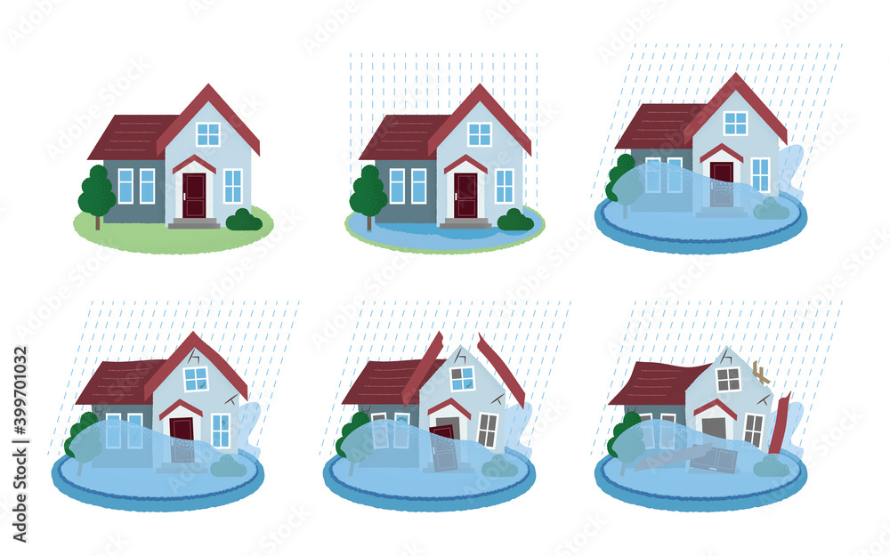 水害に遭う住宅のベクターイラストセット Stock Vector | Adobe Stock