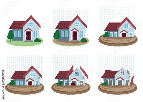 水害に遭う住宅のベクターイラストセット