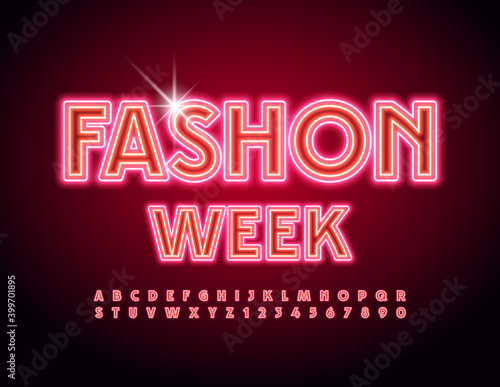 Vector event flyer Fashion Week. Red Neon Font. Illuminated light Alphabet Letters and Numbers set