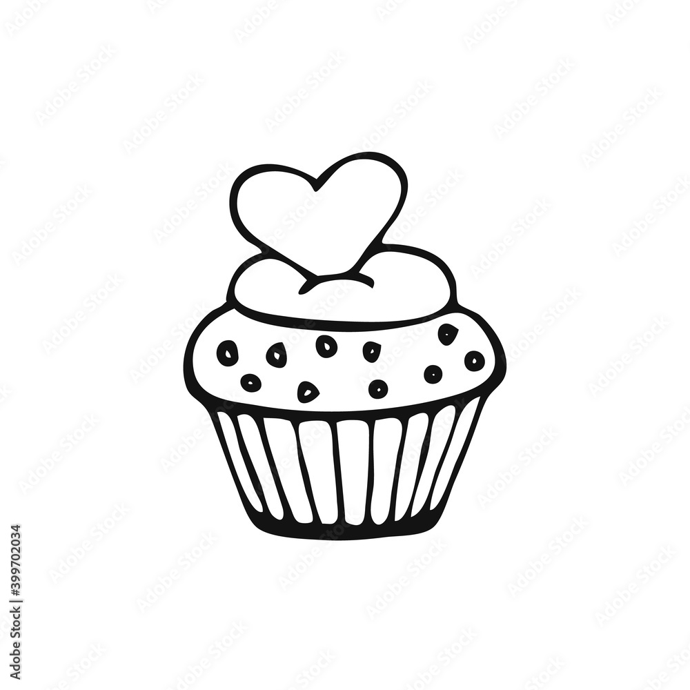 Cupcake. Hand drawn elements about love. Design element isolated on white. Happy Valentine's Day background. Vector illustration