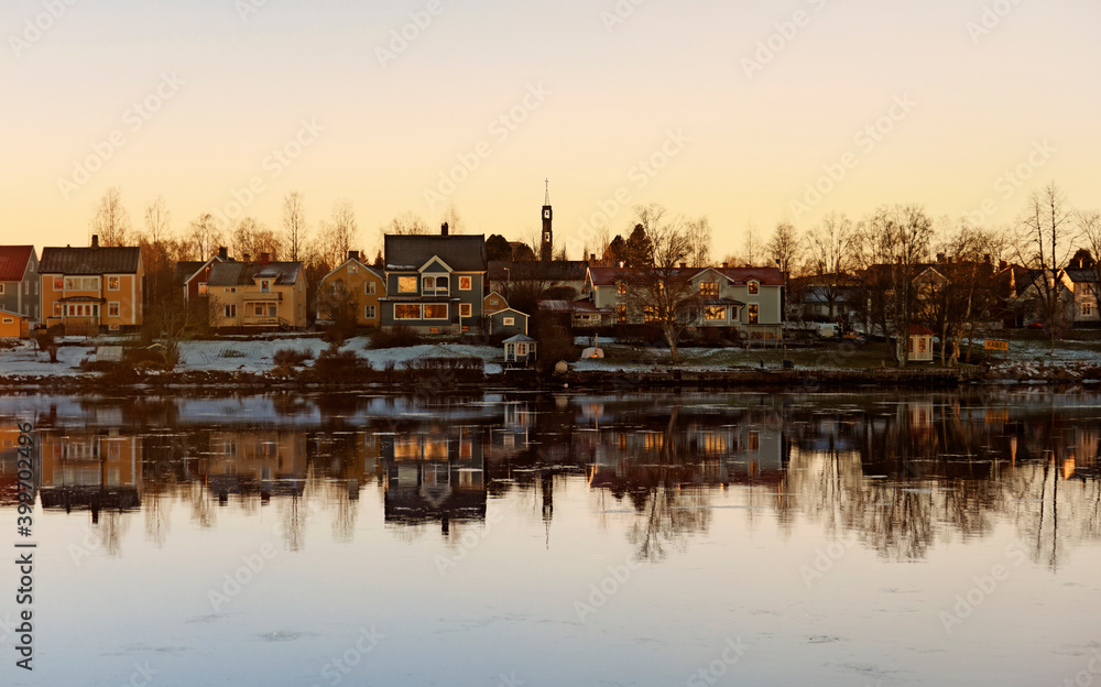 Umea, Norrland Sweden - November 27, 2020: parts of the Teg and Umea river district at sunset Umea, Norrland Sweden - November 27, 2020: parts of the Teg and Umea river district at sunset