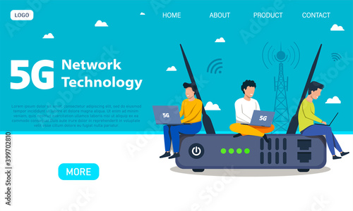 5g internet concept. A group of tiny young people are sitting on a giant router and working on laptops. Flat cartoon vector illustration. Website, web page, landing page template or layout.
