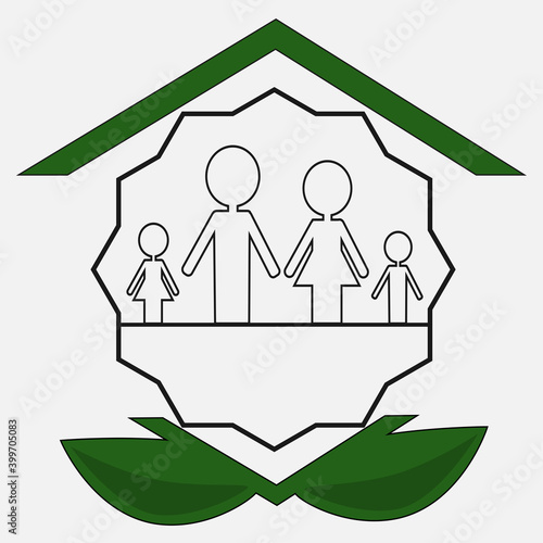 Social housing icon for young families.  Family at home: couple with daughter and son.  Vector illustration design