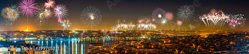 Fireworks cityscape panoramic view of Istanbul, Turkey