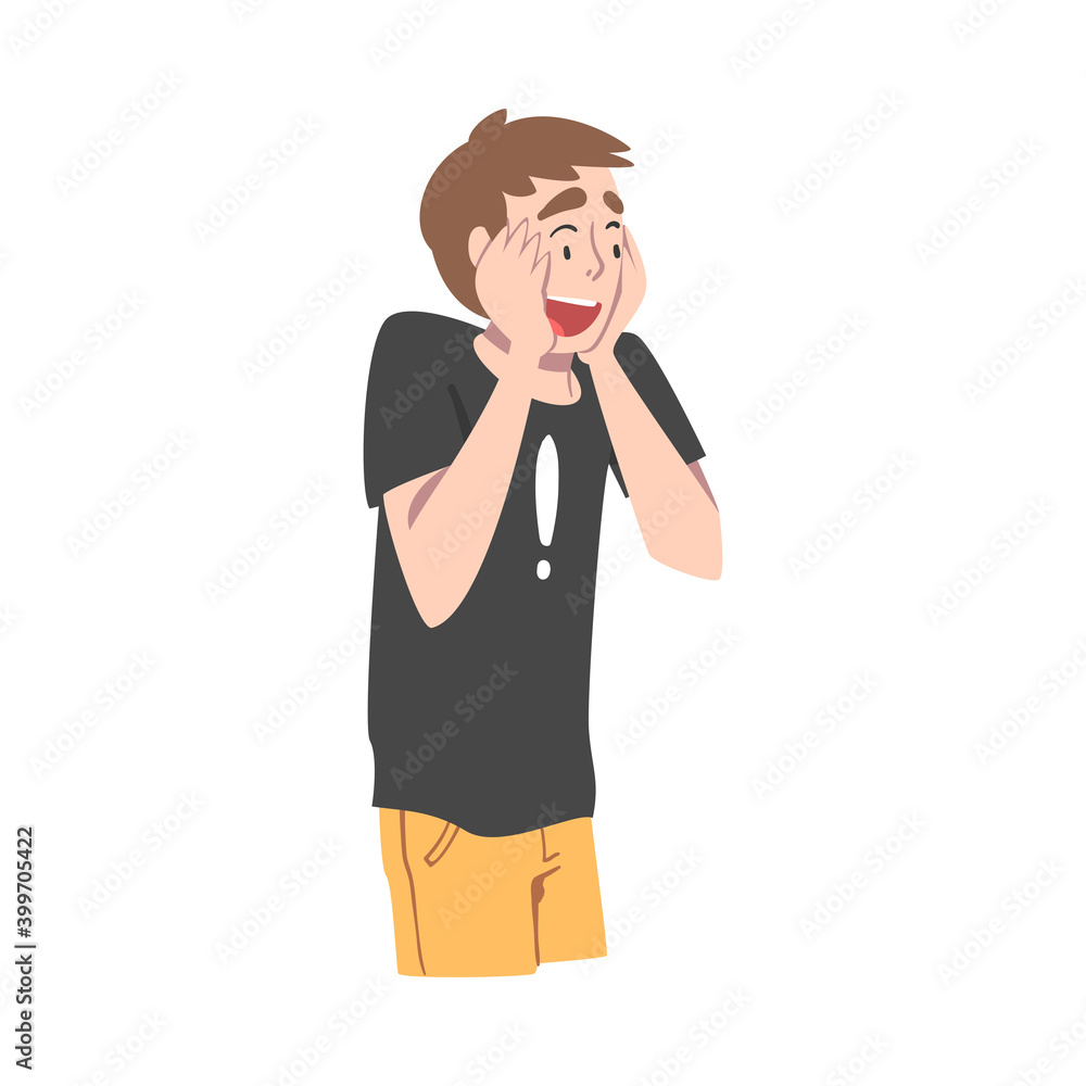 Young Man with Shocked Face Expression Holding Hands near Cheeks, Mood of People Concept, Surprised and Amazed Person Character Cartoon Style Vector Illustration