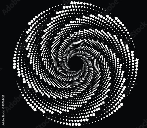 Dotted, dots, speckles abstract concentric circle. Spiral, swirl, twirl element.Circular and radial lines volute, helix.Segmented circle with rotation.Radiating arc lines.Cochlear