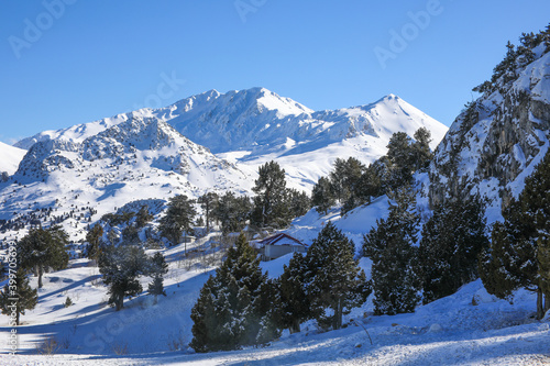 Winter Mountains landscape with snow covered peaks Against blue Sky in Saklikent Antalya Turkey