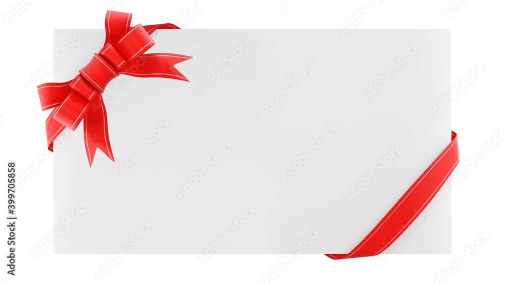 Blank envelope with gift ribbon. Congratulation note. Isolated on white background. 3d render.