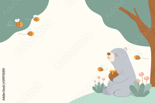 Spring scene background with cute bear, bees, flowers, and trees. Horizontal rectangle background for banners, posters, cards, and more. Flat style vector illustration.