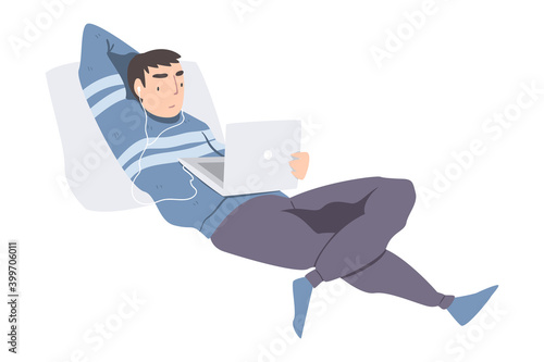 Man in Earphones Doing Live Podcasts on his Laptop Computer Cartoon Style Vector Illustration