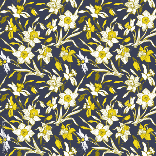 Daffodils Yellow Illuminating Flowers on Ultimate Gray Background Drawn by Hand. Modern floral seamless pattern with silhouettes of narcissus flowers in full bloom for textile, wallpaper, bedding.