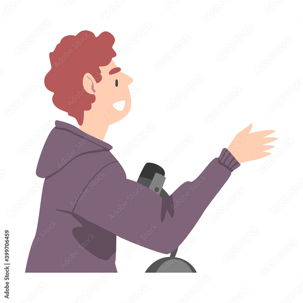 Radio Host Communicating in Studio, Cheerful Man Recording Audio Podcast with Microphone Cartoon Style Vector Illustration