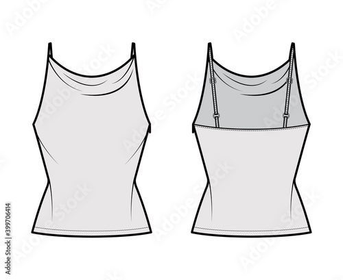Tank high cowl top technical fashion illustration with thin adjustable straps, slim fit, elongated hem. Flat apparel outwear top template front, back, grey color. Women men unisex CAD mockup