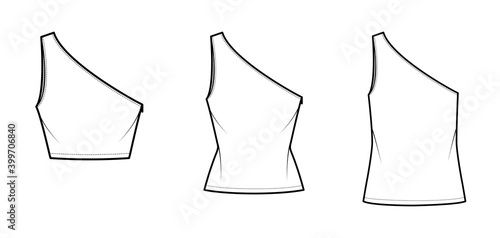 Set of One-shoulder tops tank technical fashion illustration with oversized and fitted body, tunic and waist length hem. Flat shirt apparel template front, white color. Women, men unisex CAD mockup
