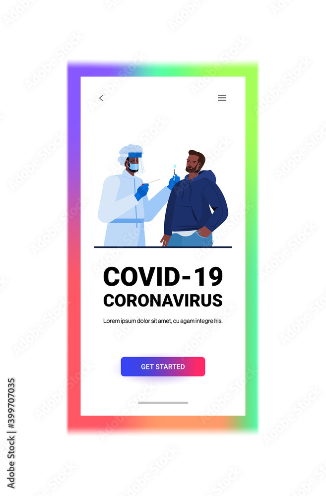 doctor in mask taking swab test for coronavirus sample from african american man patient PCR diagnostic procedure covid-19 pandemic concept portrait vertical copy space vector illustration doctor in mask taking swab test for coronavirus sample from african american man patient PCR diagnostic procedure covid-19 pandemic concept portrait vertical copy space vector illustration
