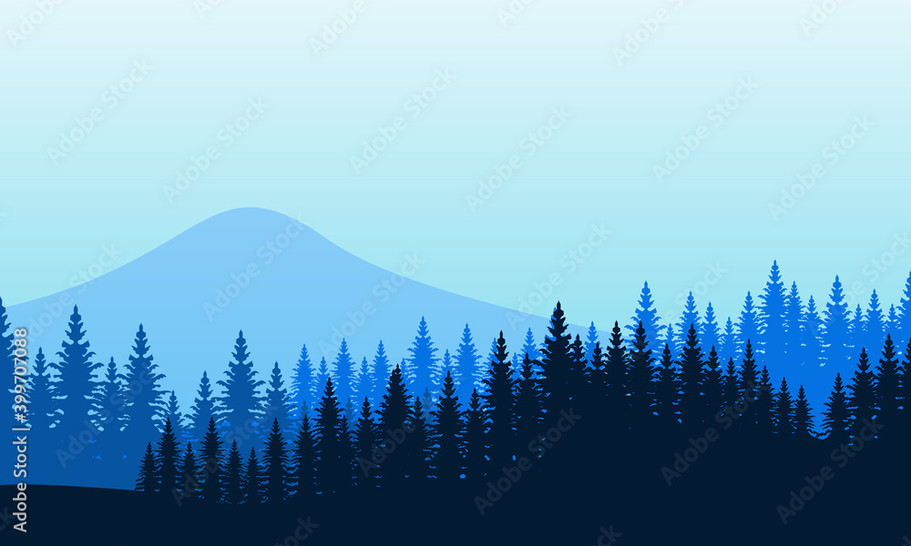 Beautiful scenery spruce and mountains in the morning. City vector - obrazy, fototapety, plakaty 