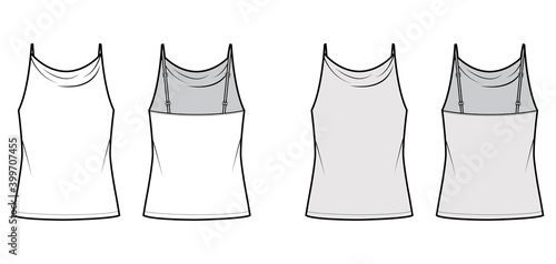 Tank high cowl Camisole technical fashion illustration with thin adjustable straps, oversized, tunic length. Flat apparel outwear top template front, back white grey color. Women men unisex CAD mockup