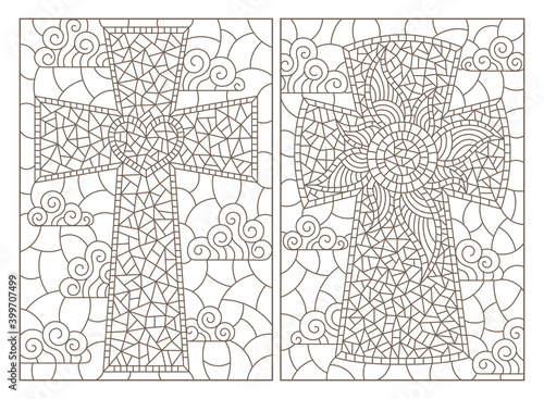 Set of contour illustrations in stained glass style with Christian crosses, dark outlines on a white background, rectangular images