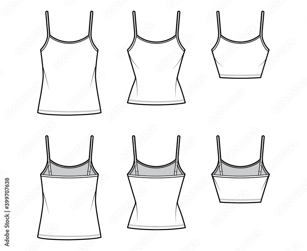 Set of Camisoles scoop neck cotton-jersey top technical fashion illustration with adjustable straps, slim, oversized fit, crop and tunic length. Flat tank front back white color. Women men CAD mockup Set of Camisoles scoop neck cotton-jersey top technical fashion illustration with adjustable straps, slim, oversized fit, crop and tunic length. Flat tank front back white color. Women men CAD mockup
