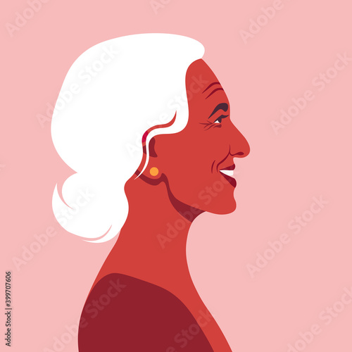 Profile of an elderly Latin American woman. The face of the grandmother is at the side. Avatar. Vector flat Illustration