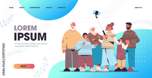 multigenerational family using selfie stick taking photo on smartphone camera horizontal full length copy space vector illustration