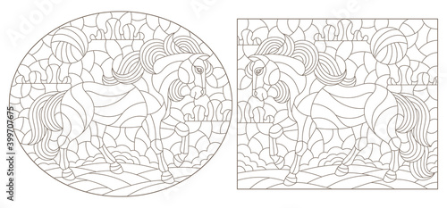 Set of contour illustrations in the stained glass style with horses on a landscape background, dark contours on a white background