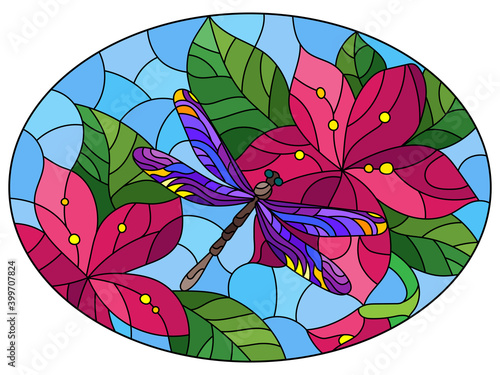 Illustration in stained glass style with a dragonfly and bright flowers on a blue background, oval image