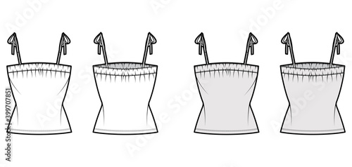 Tank tie strap top technical fashion illustration with gathered ruching at neck, fitted body, tunic length. Flat apparel outwear shirt template front, back, white grey color. Women, unisex CAD mockup