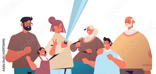 multigenerational family using selfie stick taking photo on smartphone camera horizontal portrait vector illustration