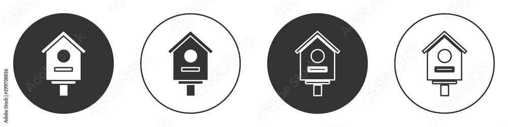 Black Bird house icon isolated on white background. Nesting box birdhouse, homemade building for birds. Circle button. Vector Illustration. Black Bird house icon isolated on white background. Nesting box birdhouse, homemade building for birds. Circle button. Vector Illustration.