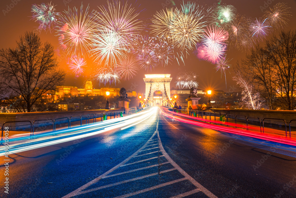 Fireworks at Chain Bridge in Budapest. Hungary 