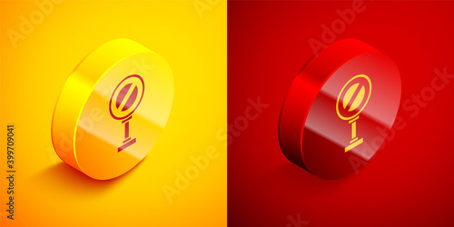 Isometric Stop sign icon isolated on orange and red background. Traffic regulatory warning stop symbol. Circle button. Vector Illustration.