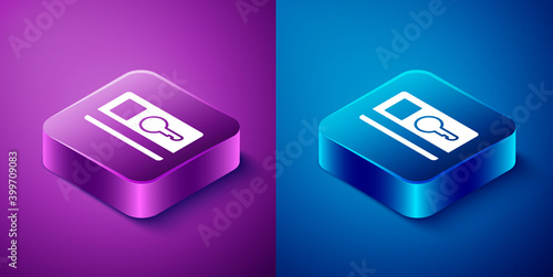 Isometric Key card icon isolated on blue and purple background. Square button. Vector Illustration.