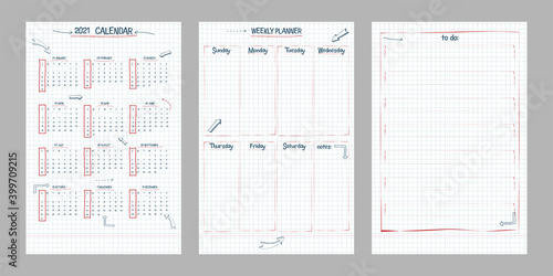 Set of 2021 calendar, weekly planner and to do list. hand drawn font type text and elements, school note style, checkered notebook sheet with lineart arrows and frames