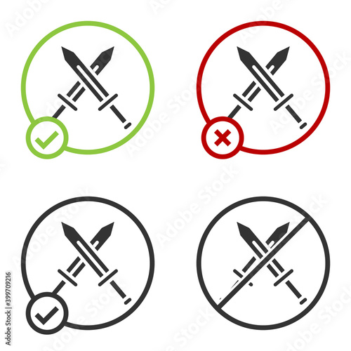 Black Crossed medieval sword icon isolated on white background. Medieval weapon. Circle button. Vector.
