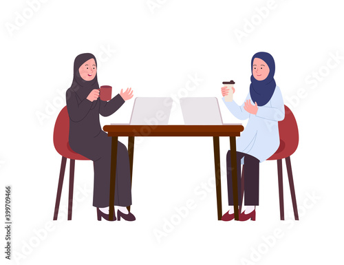 Two Arabian Office Lady Hijab Talking Together Drinking Flat Illustration