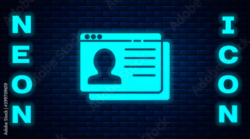 Glowing neon Resume icon isolated on brick wall background. CV application. Searching professional staff. Analyzing personnel resume. Vector.