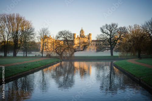 St. John's building near river cam in morning light. Cambridge city. England 