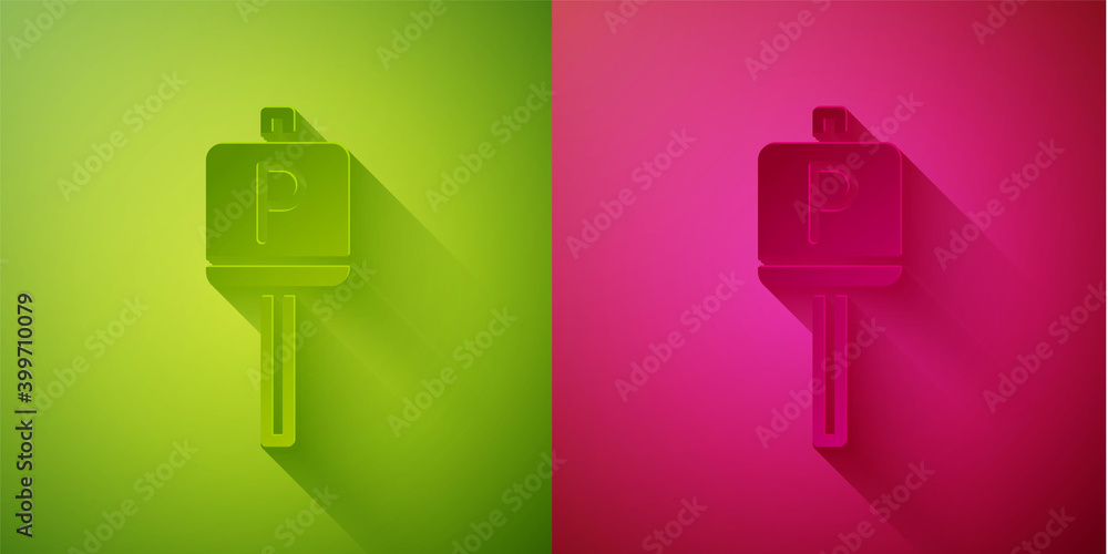 Paper cut Parking icon isolated on green and pink background. Street road sign. Paper art style. Vector. Paper cut Parking icon isolated on green and pink background. Street road sign. Paper art style. Vector.
