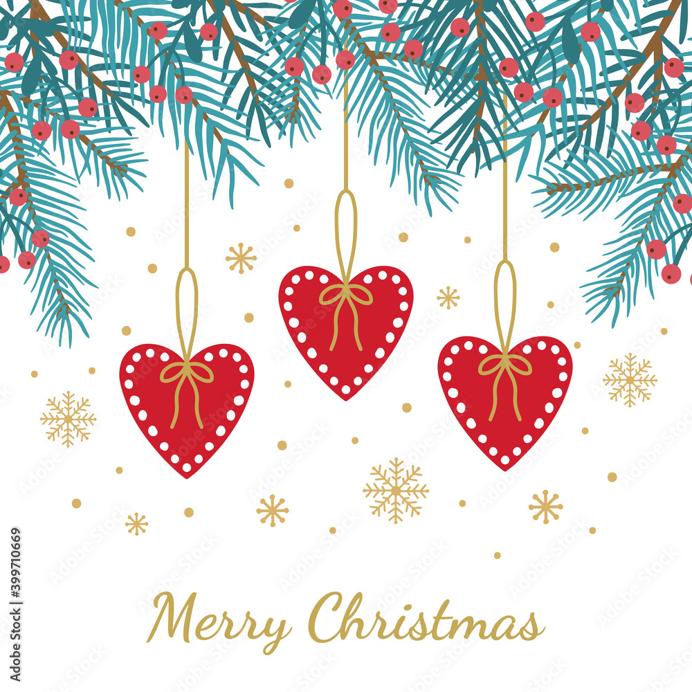 Christmas card with fir branches and decorations.
