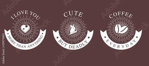 Set Vintage Logo Design. Monoline Twin Coffee Bean, Love, Angry Rabbit with dark background