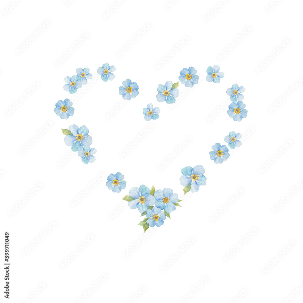 Forget-me-nots. Heart shaped composition with place for text on white. Watercolor. Perfect for invitations, greeting cards, thank you cards, for Valentine's Day, wedding. Forget-me-nots. Heart shaped composition with place for text on white. Watercolor. Perfect for invitations, greeting cards, thank you cards, for Valentine's Day, wedding.