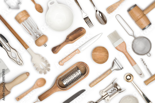 Kitchen utensils set for restaurant or home on white background photo