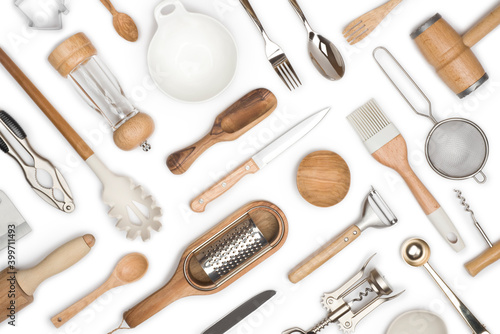 Foto Kitchen utensils set for restaurant or home on white background