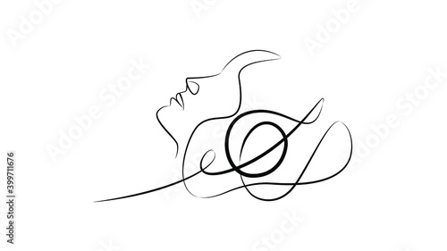 The girl listens to music. Black One line Vector illustration on white background